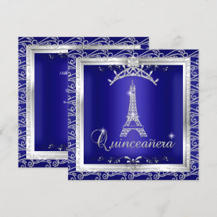 Quinceanera Royal Blue Silver Tiara Eiffelturm 2 Einladung