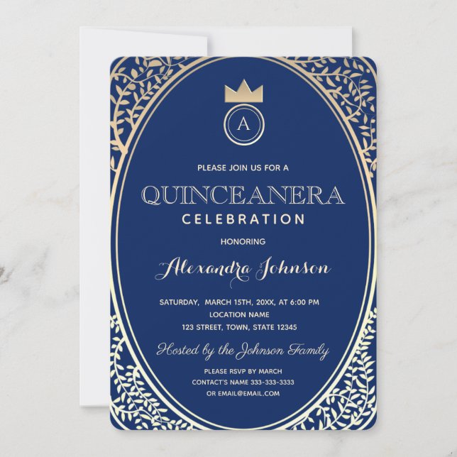 Quinceanera Royal Blue und Gold Princess Monogram Einladung (Vorderseite)
