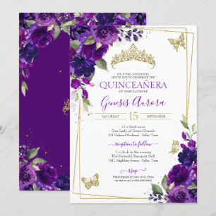 Quinceañera Royal Lila Floral Butterfly Einladung