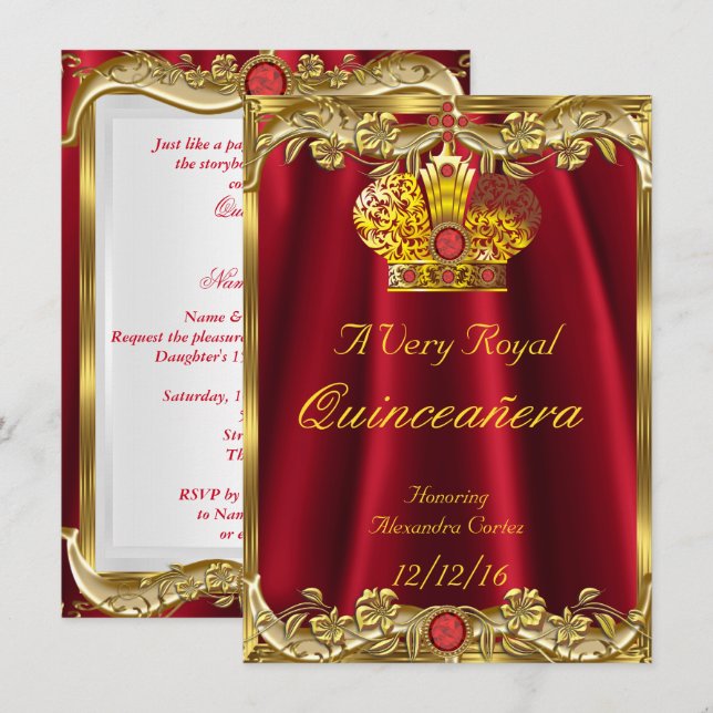 Quinceanera Royal Red Gem Gold Princess Crown 2 Einladung (Vorne/Hinten)