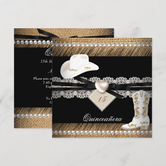 Quinceanera Rustic Burlap Cowgirl Hat Boots Party Einladung (Vorne/Hinten)