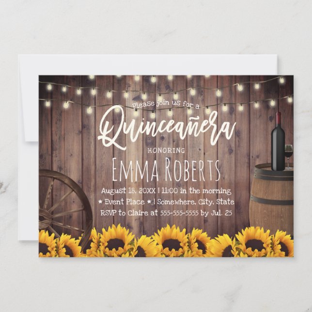 Quinceanera Rustic Sunflowers Holz Barrel Birthday Einladung (Vorderseite)