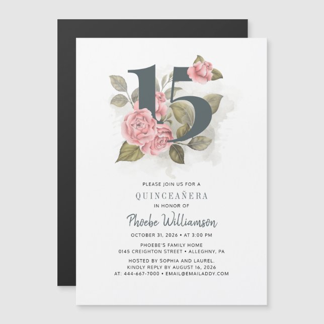 Quinceanera Rustikale Flora 15. Geburtstag Magneteinladung (Vorne/Hinten)