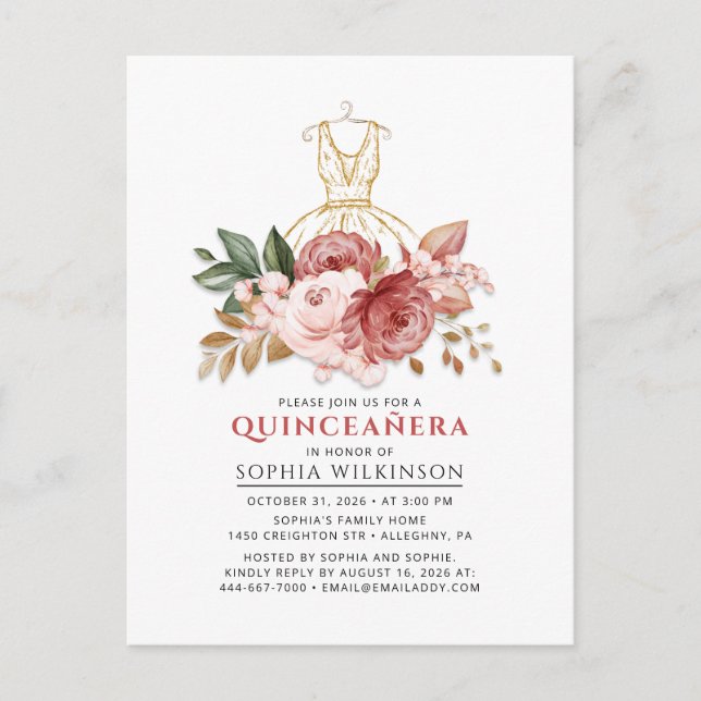 Quinceanera Rustikale Imitate Gold Dress 15. Einladungspostkarte (Vorderseite)