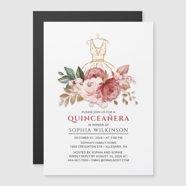 Quinceanera Rustikale Imitate Gold Dress 15. Magneteinladung (Vorne/Hinten)