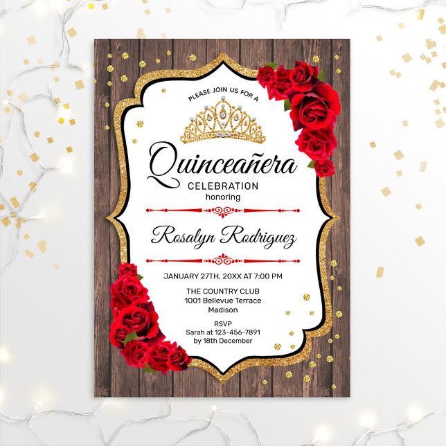 Quinceanera - Rustikales Holz Weißes Rotes Gold Einladung (Von Creator hochgeladen)