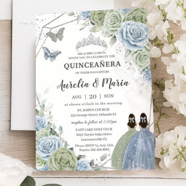 Quinceañera Sage Green Blue Floral Twins Silver Einladung (Von Creator hochgeladen)