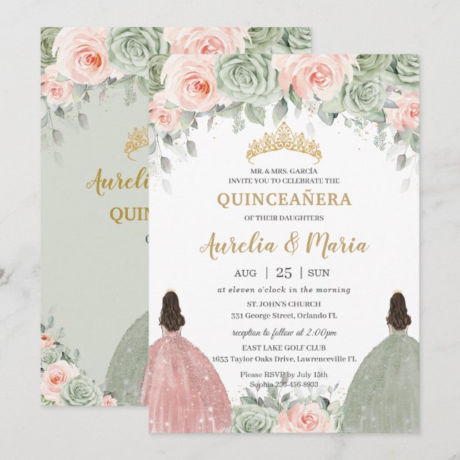 Quinceañera Sage Green Blush Floral Gold Twins Einladung (Vorne/Hinten)