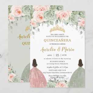 Quinceañera Sage Green Blush Floral Gold Twins Einladung