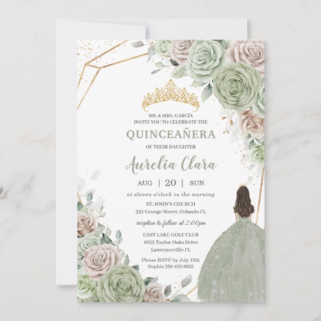 Quinceañera Sage Green Champagne Gold Floral Einladung (Vorderseite)