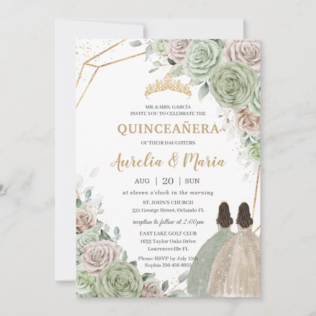 Quinceañera Sage Green Champagne Gold Floral Twins Einladung (Vorderseite)