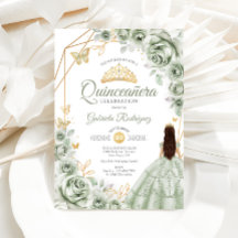 Quinceanera Sage Green Dress Floral Gold