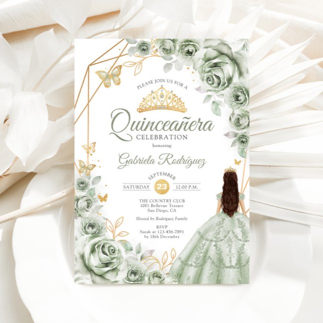 Quinceanera Sage Green Dress Floral Gold Einladung (Von Creator hochgeladen)