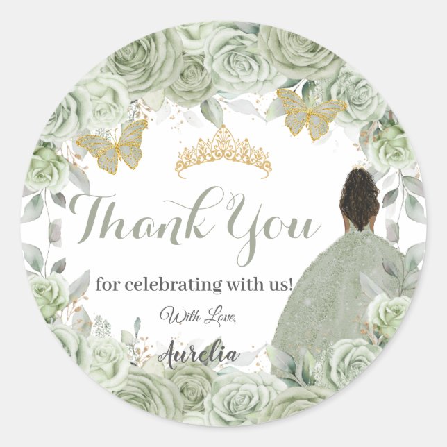 Quinceañera Sage Green Floral Brown Princess Gefal Runder Aufkleber (Vorderseite)