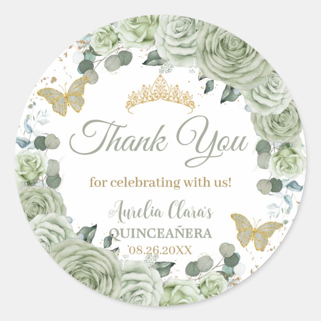 Quinceañera Sage Green Floral Butterfells Gold Runder Aufkleber (Vorderseite)
