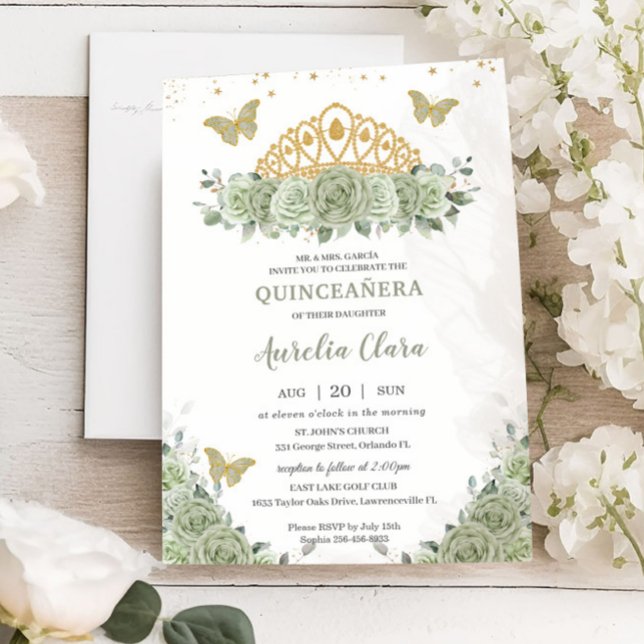 Quinceañera Sage Green Floral Gold Crossfly Butter Einladung (Von Creator hochgeladen)