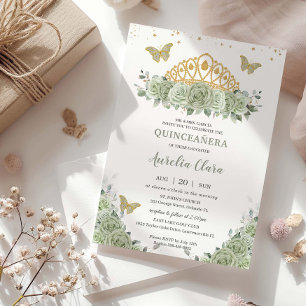 Quinceanera Sage Green Floral Gold Crossfly Einladung