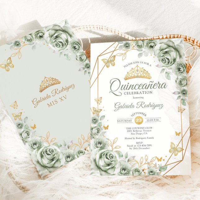 Quinceanera Sage Green Floral Gold Einladung (Von Creator hochgeladen)