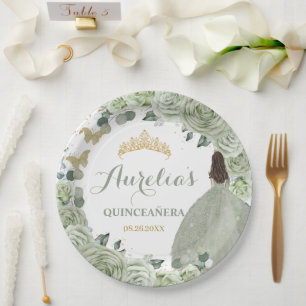 Quinceañera Sage Green Floral Prinzessin Schmetter Pappteller