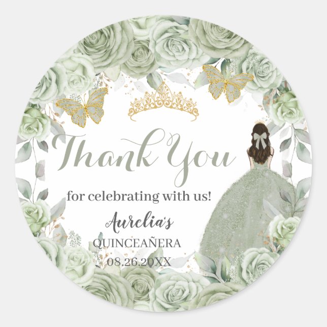 Quinceañera Sage Green Floral Prinzessin Schmetter Runder Aufkleber (Vorderseite)