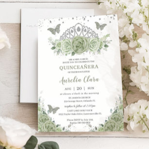 Quinceañera Sage Green Floral Rose Silver Crown Einladung