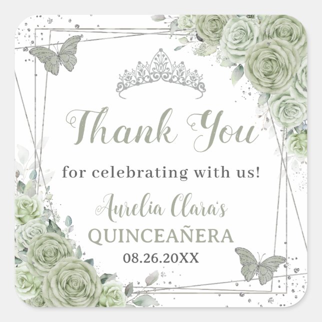 Quinceañera Sage Green Floral Silberschmetterlinge Quadratischer Aufkleber (Vorderseite)