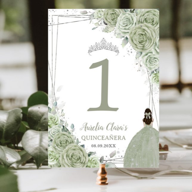 Quinceañera Sage Green Floral Silver Girl Dress Tischnummer (Von Creator hochgeladen)