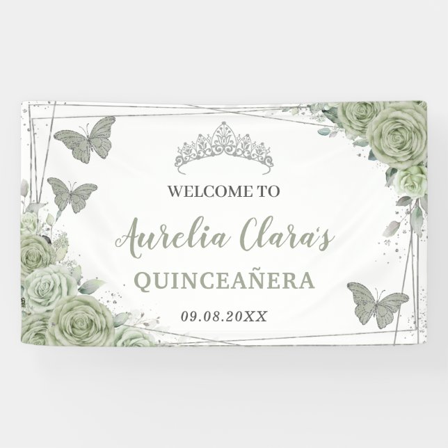Quinceañera Sage Green Floral Willkommen Hintergru Banner (Horizontal)