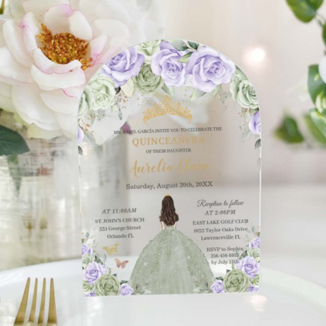 Quinceañera Sage Green Lila Lilac Floral Arch Acryleinladungen (Von Creator hochgeladen)
