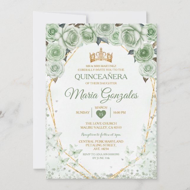 Quinceañera Sage Green Mexican Butterfly Einladung (Vorderseite)