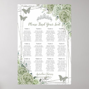 Quinceañera Sage Grün Floral Silber Sitzordnung Poster