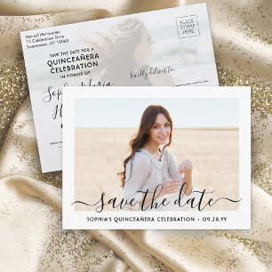 Quinceañera Save the Date 2 Foto Elegantes Skript Ankündigungspostkarte