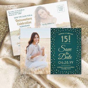 Quinceañera Save the Date 2 Foto Grün und Gold Einladungspostkarte