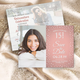 Quinceañera Save the Date 2 Foto Pink Confetti Einladungspostkarte