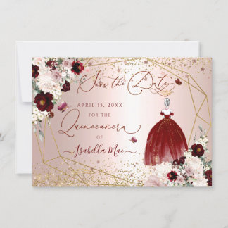 Quinceanera Save the Date Burgund Gown Einladung