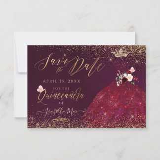Quinceanera Save the Date Burgund Gown Einladung