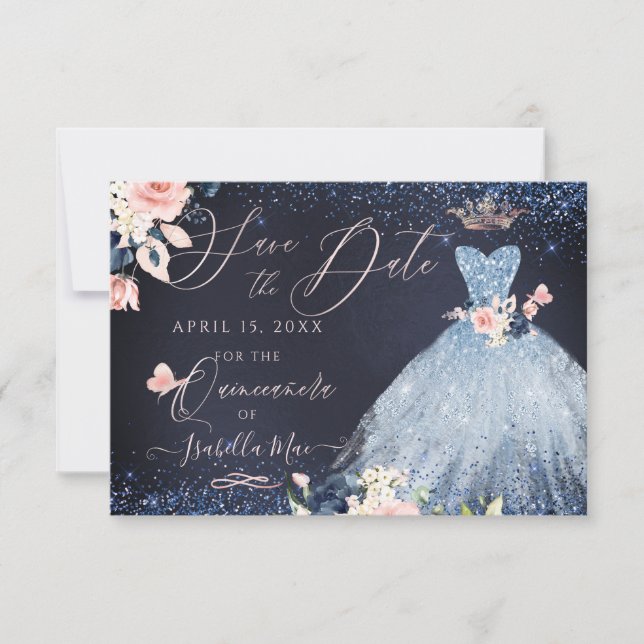 Quinceanera Save the Date Dusty Blue Gown Einladung (Vorderseite)