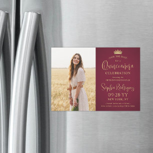 Quinceañera Save the Date Foto Burgund und Gold Magneteinladung