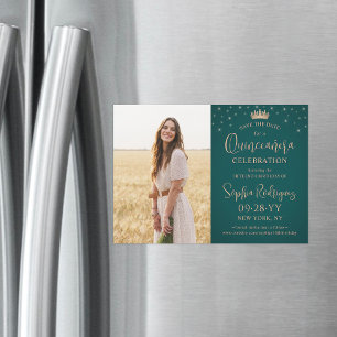 Quinceañera Save the Date Foto Rose Gold & Grün Magneteinladung