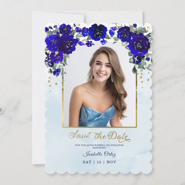 Quinceañera Save the Date Foto Royal Blue Gold Einladung (Vorderseite)