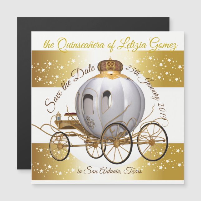 Quinceanera Save the Date Gold Princess Carriage Magneteinladung (Vorne/Hinten)
