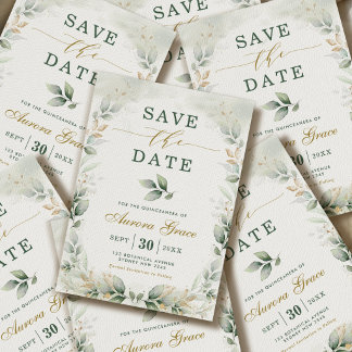 Quinceanera Save-the-Date-Karte mit Grün und Gold Einladung