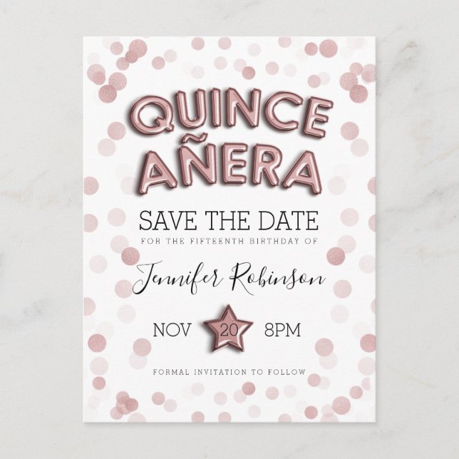 Quinceanera Save the Date Rosen-Goldballone Ankündigungspostkarte (Vorderseite)