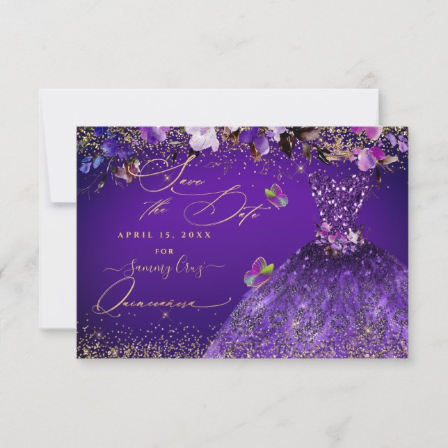 Quinceanera Save the Date Violett Lila Kleid (Vorderseite)