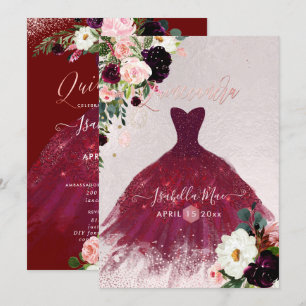 Quinceanera-Schimmer Burgunder-Wasserfarben-Blumen Einladung