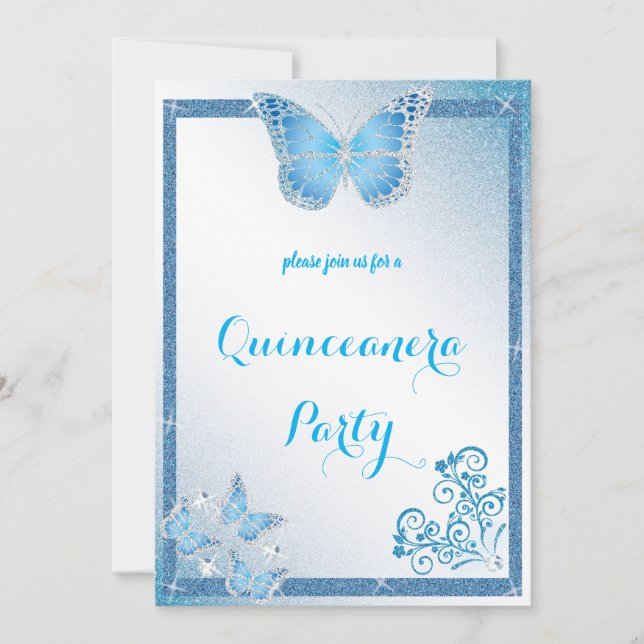 Quinceanera Schmetterling blauer Glitzer eleganter Einladung (Vorderseite)