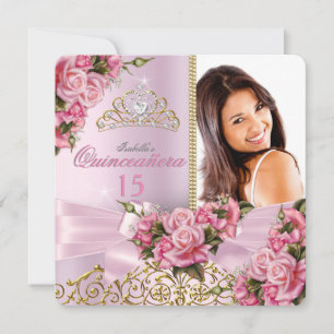 Quinceanera Schöne rosa Rosen Diadem Foto Geburtst Einladung