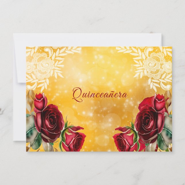 Quinceanera Schöne Rote Rosen Spitze und Gold Einladung (Vorderseite)