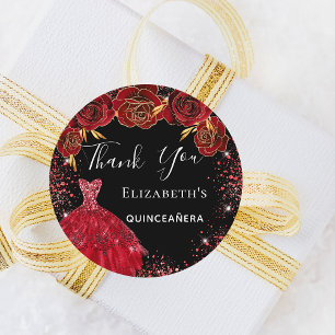 Quinceanera schwarz rote Kleiderflorchen Danke Runder Aufkleber