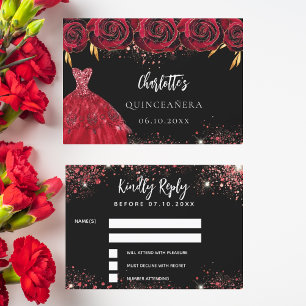 Quinceanera schwarz rotes Kleid Antwort RSVP Karte